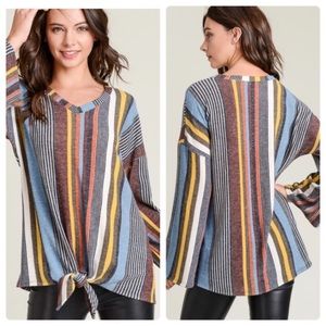 V Neck Striped Bell Sleeve Top